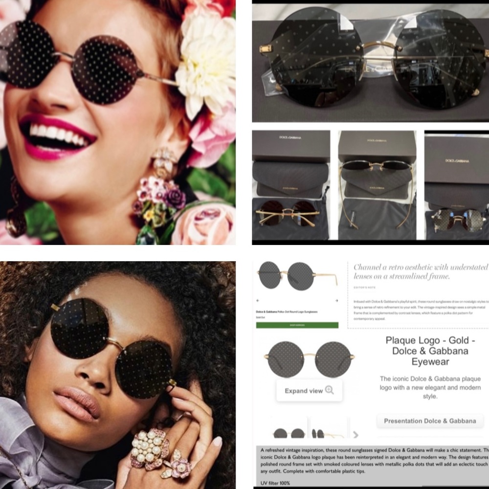 DOLCE & GABBANA RETRO GOLD AND GREY RIMLESS ROUND POLKA DOTTED SUNGLASSES